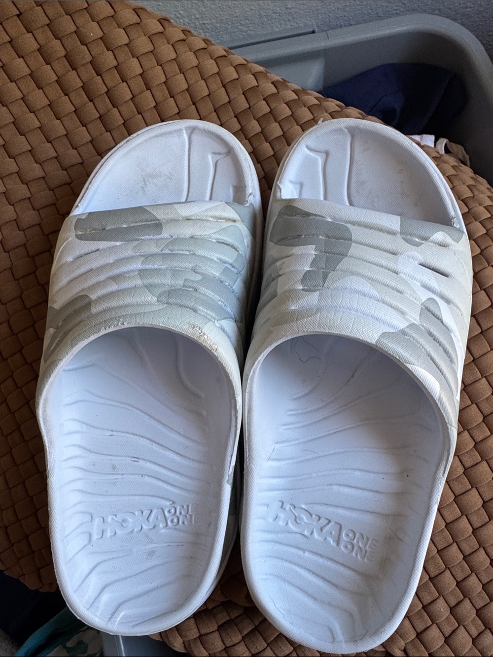 Hoka One One WOMEN White Slide Sandals with Gray Camo